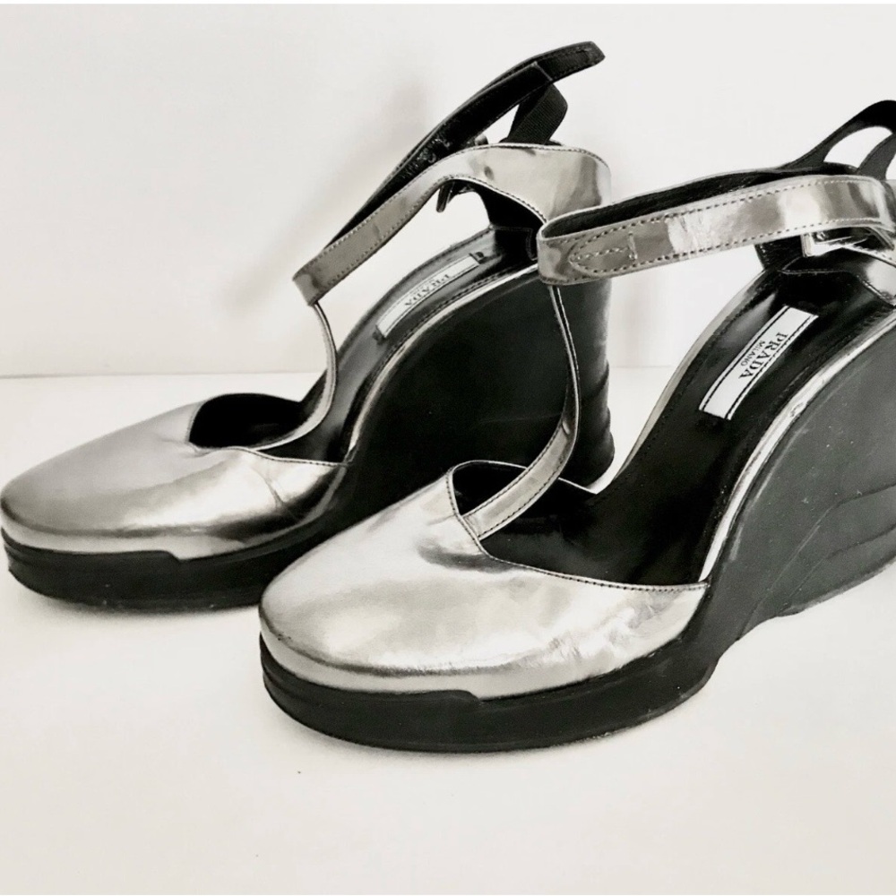 Prada Shiny Silver Wedge Sandals